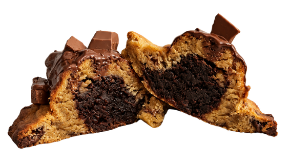 An actual Chonkie Brookie cookie, cut open to show its brownie centre